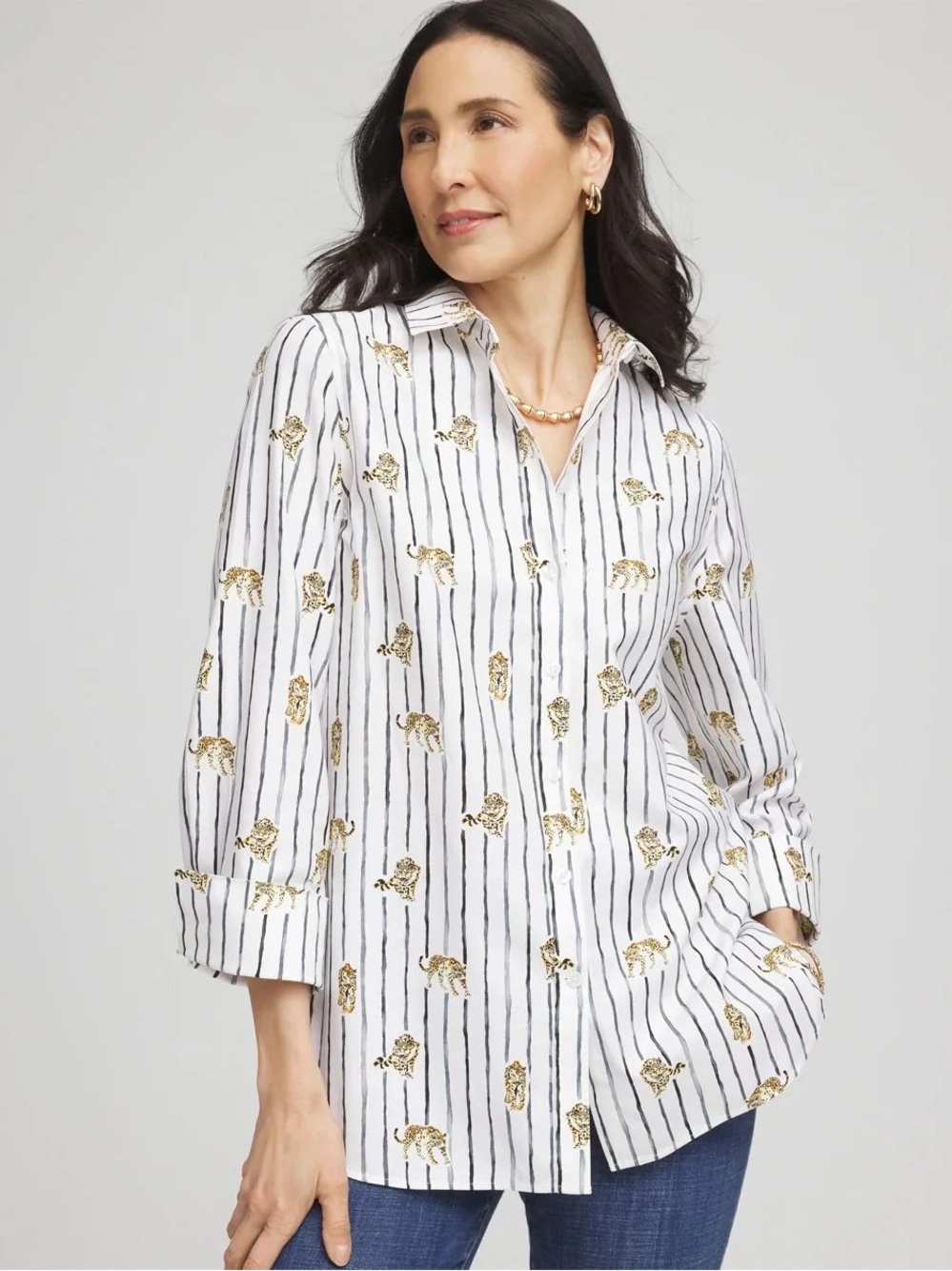 Chico's No Iron White Button-Front Shirt with Black Stripes & Gold Cat Print